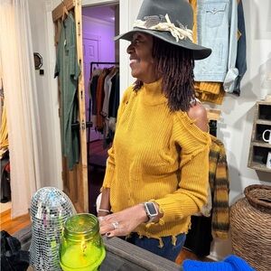 Lauren Cold shoulder distressed Sweater (Mustard)